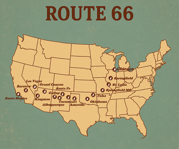 Route 66 in de sixties: 22 dagen.